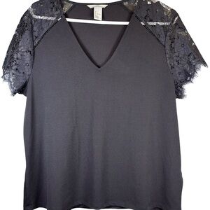H&M Black Lace Sleeve V-Neck Top Large